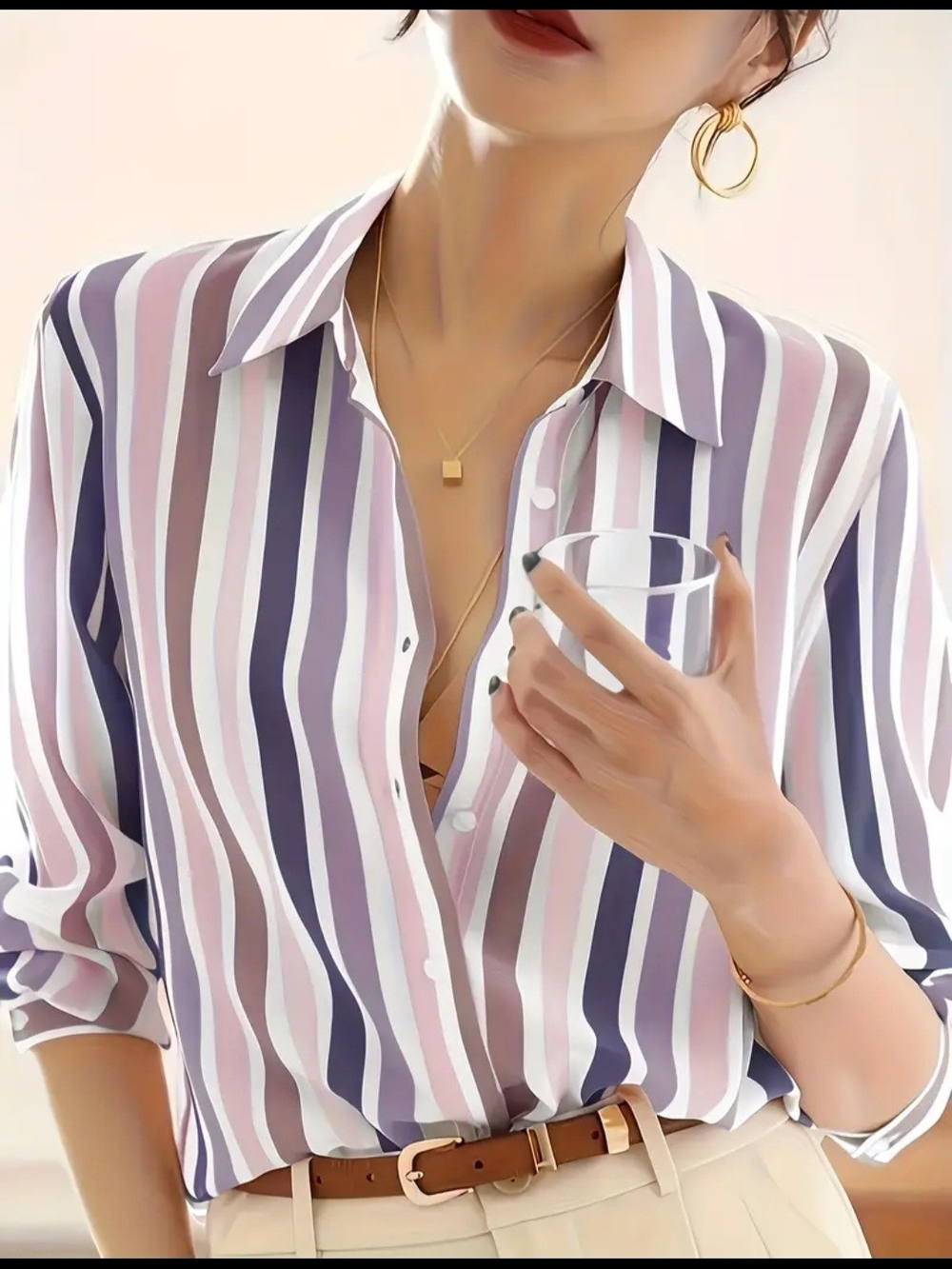 💜 NWOT Striped Button-Up Blouse in Lavender & White